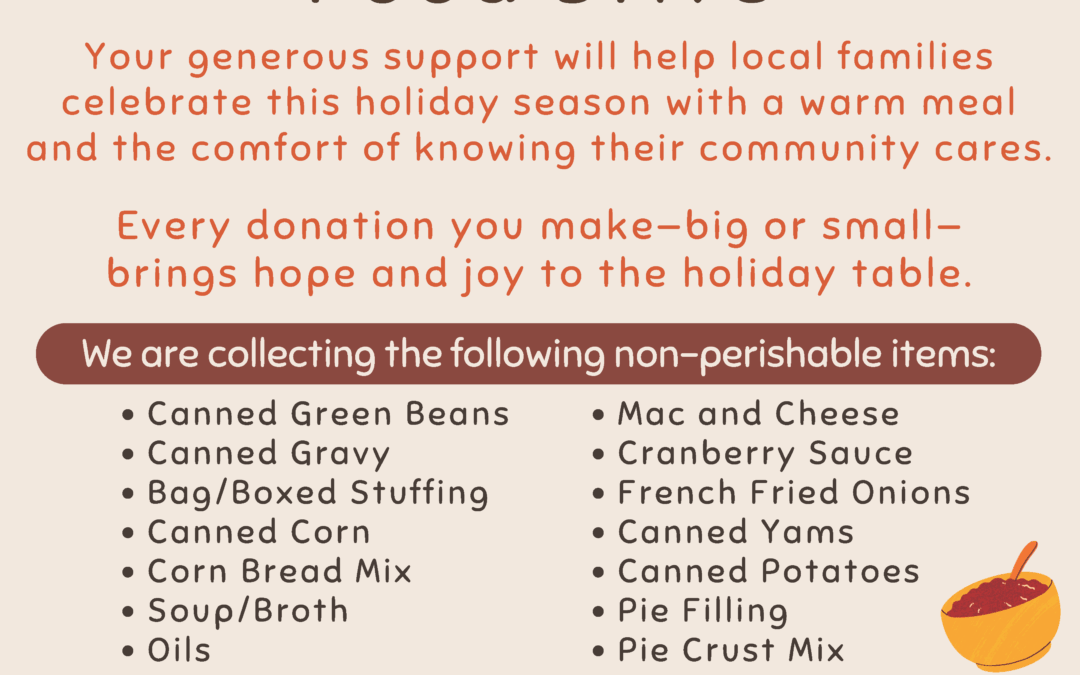 Thanksgiving Food Drive flyer for Citizens Inn Haven from Hunger hosted by Risman Insurance Agencies, encouraging non-perishable food donations and community support.