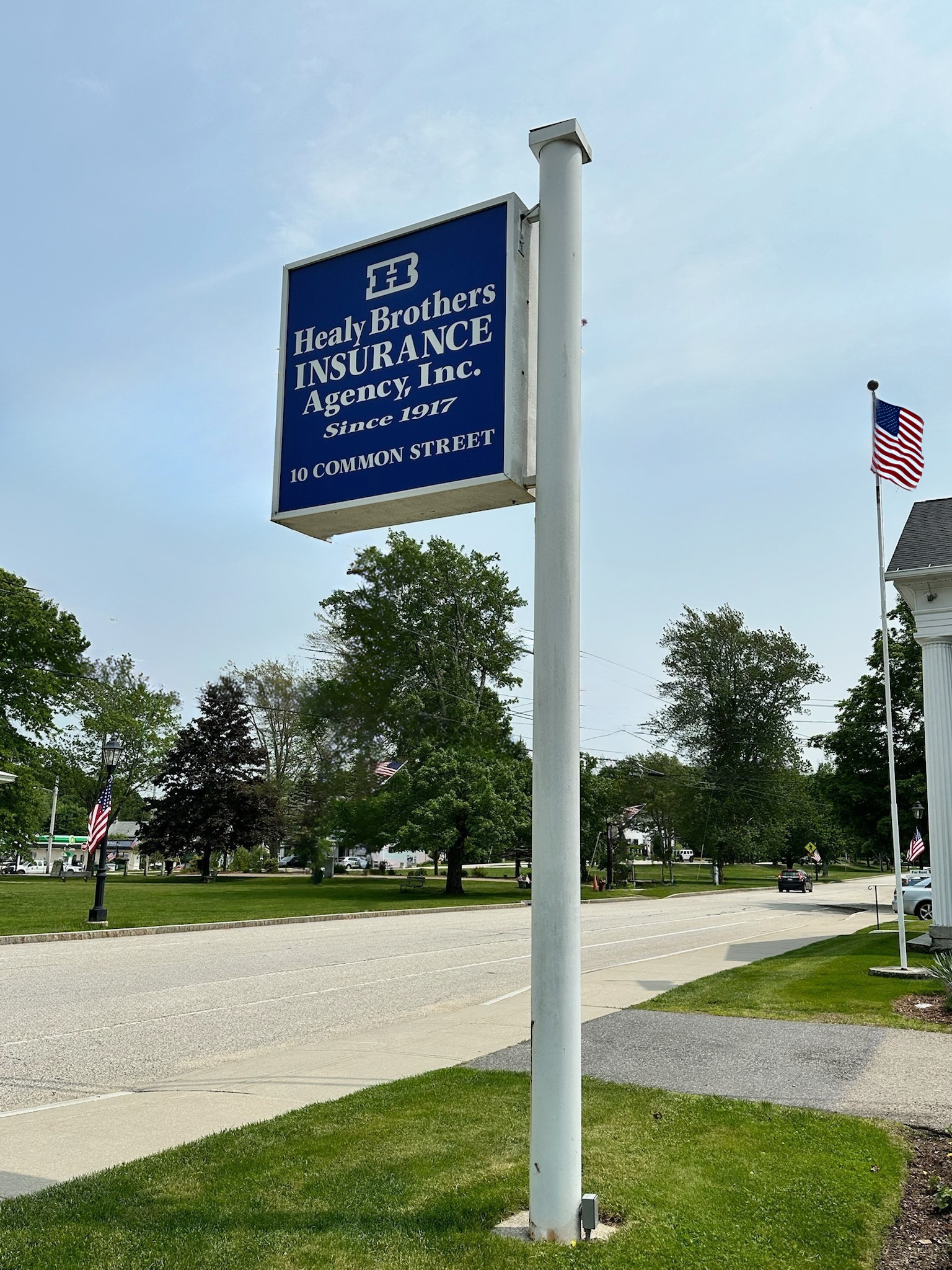 Healy Brothers Insurance sign at 10 Common Street in Barre, Massachusetts